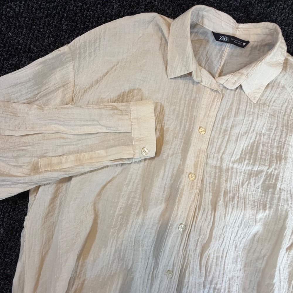 Zara Women Cream Textured Crinkle Button Down Shirt High‎ Low Blouse Beige Small